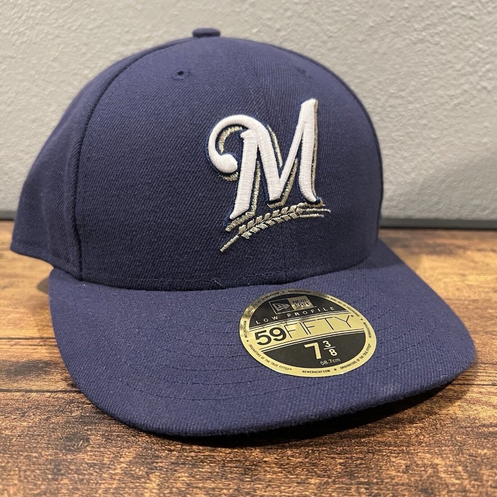 New Era 59Fifty Milwaukee Brewers Low Profile Cap Sz 7 3/8 Navy Season Hat